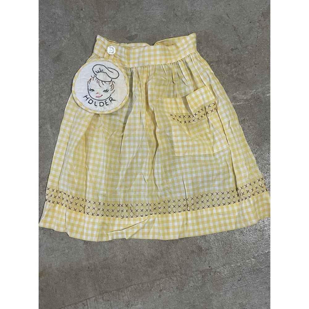 Vintage Half Apron Cotton with Pot Holder & Pocket Yellow Checked V236